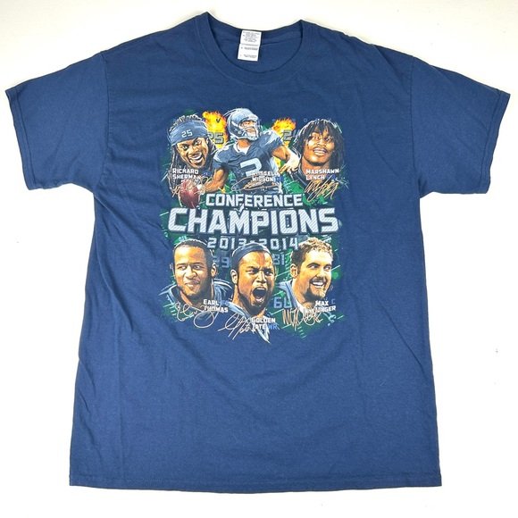 Seattle Seahawks Caricature Shirt Lynch Wilson 2013 - 2014 Conference Champions - Picture 1 of 5
